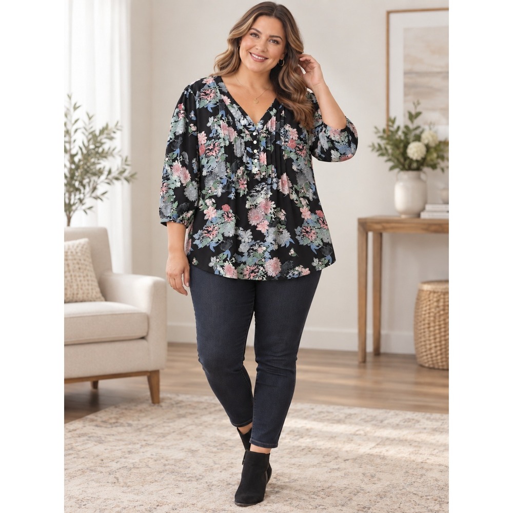 Rose + Olive Dark Floral Blouse Women 2X Black Pintuck 3/4 Sleeve Boho V-Neck
